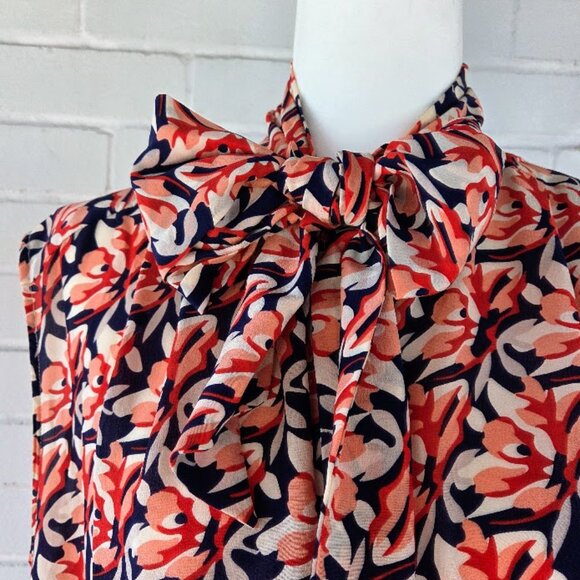 Sleeveless Button Down Coral Pink and Navy Silk Shirt Size 12 - Picture 1 of 9